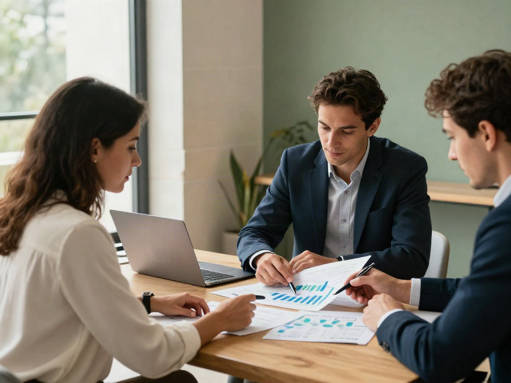 Business professionals collaborating on an analytics and strategy review