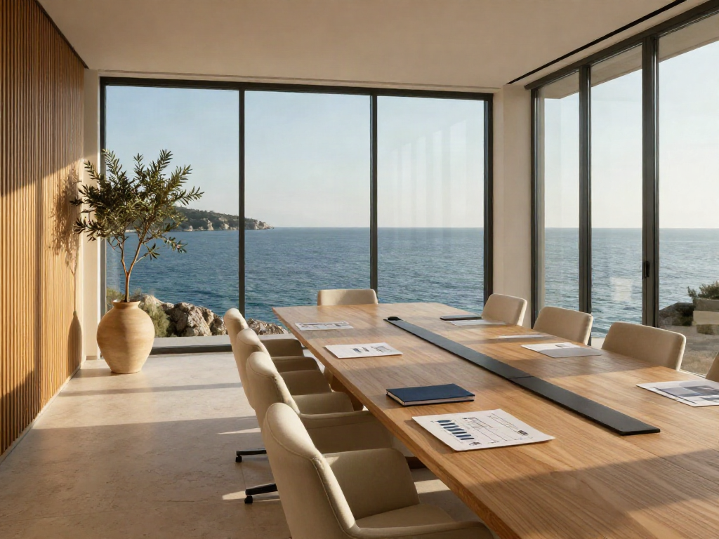 A sunlit contemporary boardroom overlooking the Adriatic, with business reports laid out on the meeting table